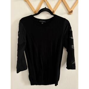 Ann Taylor Sweater Women's Small Wool Blend Black 3/4 Sleeve Eyelet Lightweight